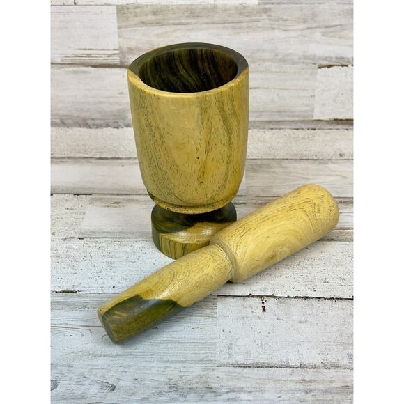Two Toned Wood Mortar and Pestle Smashing and Grinding Kitchen Tool - Picture 3 of 8